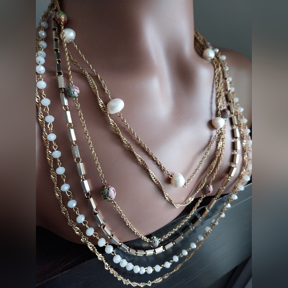 Multi-Layered Gold & Pearl Necklace - Picture 6 of 13